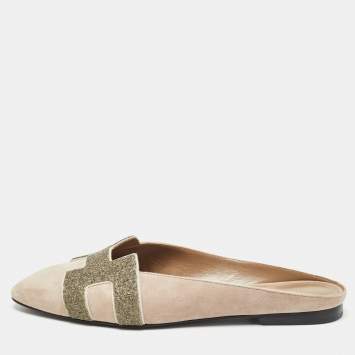 Pre Owned Hermes Beige Suede Roxane Flat Mules Size 37.5