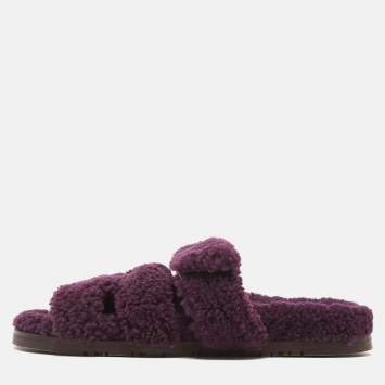 Pre Owned Hermes Purple Shearling Chypre Flat Slides Size 37