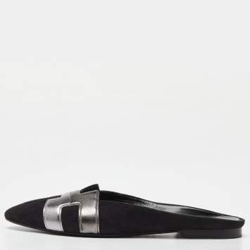 Pre Owned Hermes Black Suede and Leather Roxane Flat Mules Size 38