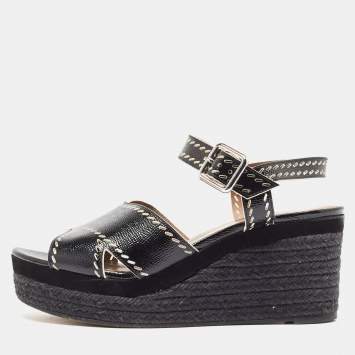 Pre Owned Hermes Black Leather Wedge Ankle Strap Sandals Size 40