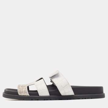 Pre Owned Hermes White/Brown  Crocodile Chypre Himalaya Slides Size 40