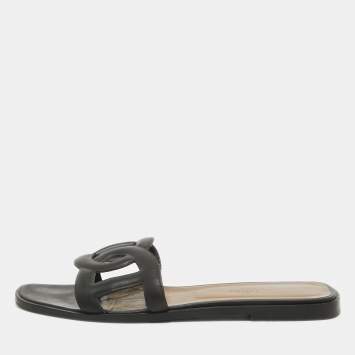 Pre Owned Hermes Black Leather Omaha Flat Slides Size 39.5