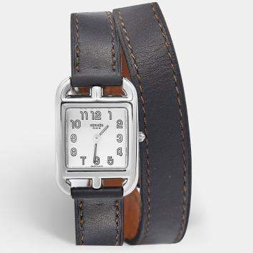 Pre Owned Hermes Silver Stainless Steel Leather Cape Cod CC1.210 Unisex Wristwatch 23 mm