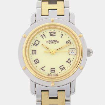 Hermes Beige Yellow Gold Plated Stainless Steel Clipper CL4.220 Quartz Women's Wristwatch 24 mm