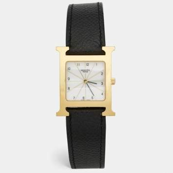 Pre Owned Hermes White Yellow Gold Plated Stainless Steel Leather Heure H HH1.510 Women's Wristwatch 26 mm