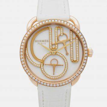 Pre Owned Hermes Arceau AR12.671 Quartz White 18k Rose Gold Women's Wristwatch 34 mm