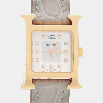 مملوكة مسبقًا Hermes Heure H Diamond HH1.102 Quartz MOP Gold Plated Stainless Steel Womens Wristwatch 17.5 mm