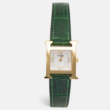Pre Owned Hermes Heure H HH1.202C Mother Of Pearl DIal Gold Plated Stainless Steel Alligator Leather Women's Wristwatch 21 mm