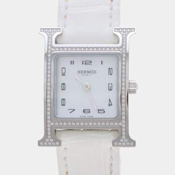 Pre Owned Hermes H Hour HH1.235 Quartz White Diamonds, Stainless Steel Women's Wristwatch 26mm