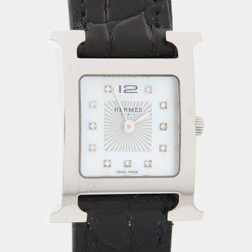 Pre Owned Hermes H Hour HH1.210 Quartz White Diamonds, Stainless Steel Women's Wristwatch 26mm