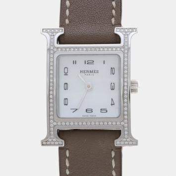 Pre Owned Hermes H Hour HH1.235 Quartz White Diamonds Stainless Steel Women's Wristwatch 26mm