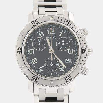 Pre Owned Hermes Clipper Chronograph CL2.910 Quartz Black Stainless Steel Men's Wristwatch 38mm