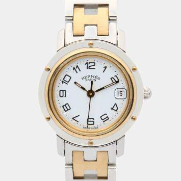 مملوكة مسبقًا Hermes Clipper CL4.220 Quartz White Yellow Gold Plated Stainless Steel Women's Wristwatch 24 mm