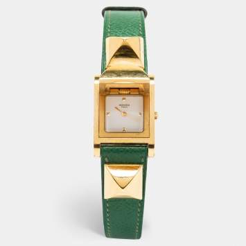 Pre Owned Hermes White Gold Plated Stainless Steel Leather Medor ME1.201 Women's wristwatch 23 mm