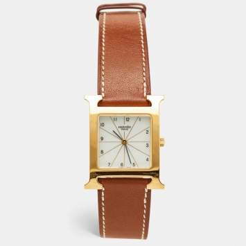 Pre Owned Hermes White Dial Yellow Gold Plated Stainless Steel Leather Heure H HH1.501 Women's Wristwatch 26 mm