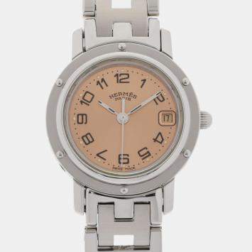 Pre Owned Hermes Pink Stainless Steel Clipper CL4.210 Quartz Women's Wristwatch 24 mm