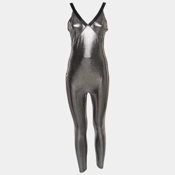 Pre Owned Heroine Sport Metallic Silver Lamé Racing Jumpsuit L