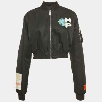 مملوكة مسبقًا Heron Preston Black Patch Work Nylon Padded Crop Jacket S