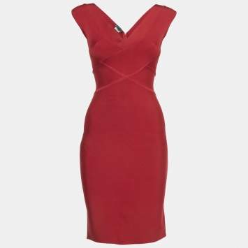 Pre Owned Herve L Leroux Red Bandage Knit Bodycon Dress S
