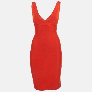 Pre Owned Herve L Leroux Red Bandage Knit Bodycon Dress S