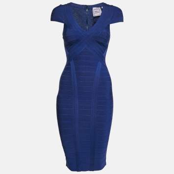 Pre Owned Herve Leger Cobalt Blue Bandage Knit Jersey Layton Dress XS