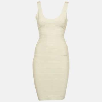 Pre Owned Herve Leger Ivory Bandage Knit Sleeveless Bodycon Dress S