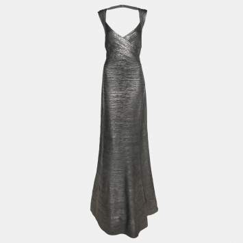 Herve Leger Dark Grey Woodgrain Foil Print Camilla Bandage Gown L