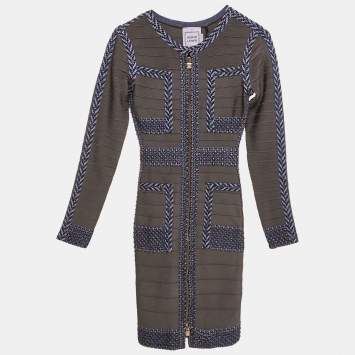 Herve Leger Grey/Blue Beaded Knit Bandage Keslyn Dress XS