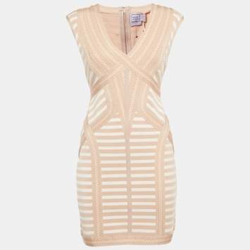 Pre Owned Herve Leger Beige Striped Knit Bandage Mini Dress L