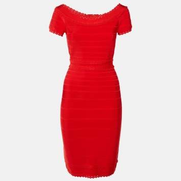 Pre Owned Herve Leger Red Jersey Aubree Midi Dress M