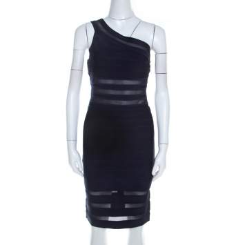 Pre Owned Herve Leger Navy Blue Knit and Mesh Insert One Shoulder Lara Bandage Dress M 