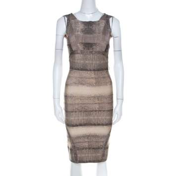 Pre Owned Herve Leger Brown Snakeskin Print Bandage Cocktail Dress XS 