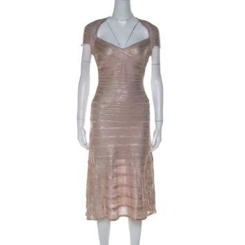 Pre Owned Herve Leger Rose Gold Bandage Sweetheart Neckline Emilia Dress M 