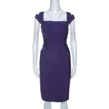 Pre Owned Herve Leger Purple Sleeveless Bandage Dress L