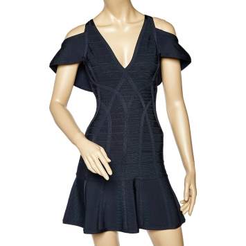 Pre Owned Herve Leger Navy Blue Knit Flared Bandage Mini Dress XS