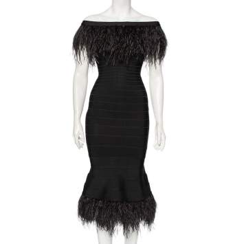 Pre Owned Herve Leger Black Bandage Ostrich Feather Trimmed Off Shoulder Dress XS