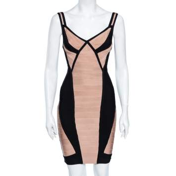 Pre Owned Herve Leger Beige & Black Karina Bandage Sleeveless Bodycon Mini Dress XS