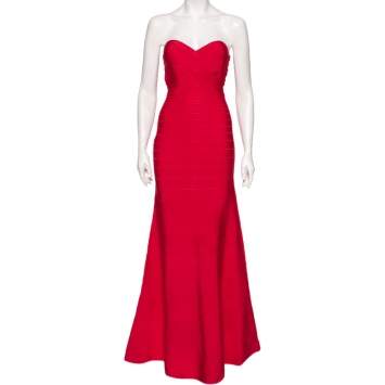 Pre Owned Herve Leger Red Bandage Sara Strapless Bodycon Flute Dress L
