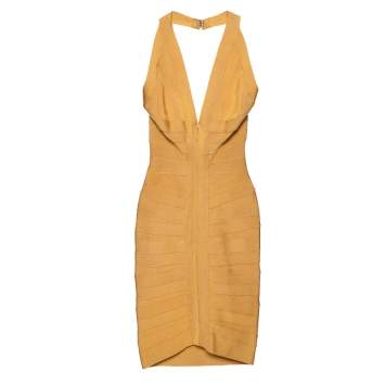 Pre Owned Herve Leger Gold Knit Tonal Panel Detail Halter Neck Lilou Dress XS