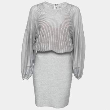Pre Owned Herve Leger Silver Metallic Lurex-Knit Bandage Mini Dress L