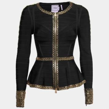 Pre Owned Herve Leger Black Stretch Knit Beaded Peplum Top XS