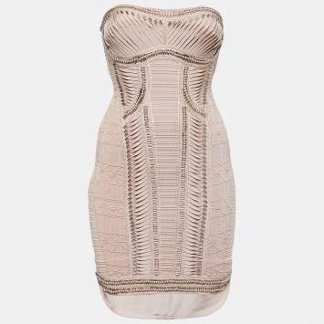 Pre Owned Herve Leger Pink Knit Beaded Strapless Bodycon Mini Dress XS