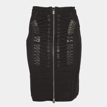 Pre Owned Herve Leger Black Knit Lace-Up Detail Mini Skirt M