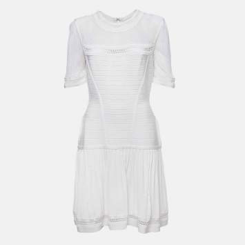 Pre Owned Herve Leger White Bandage Knit Pleated Haylynn Dress L