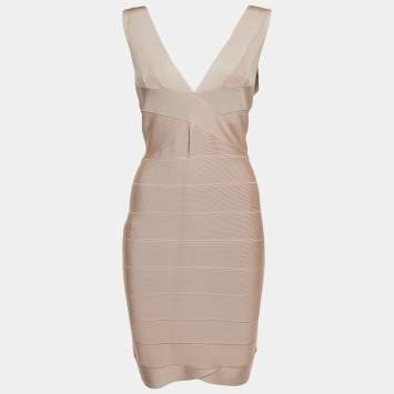 Pre Owned Herve Leger Light Pink Sleeveless Bandage Mini Dress L
