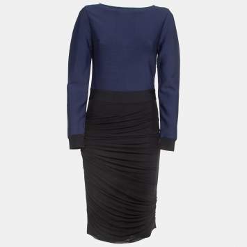 Pre Owned Herve Leger Navy Blue/Black Mesh Trim Knit Ruched Bandage Dress L