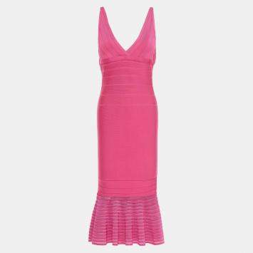 Pre Owned Herve Leger Pink Bandage Knit Midi Dress M