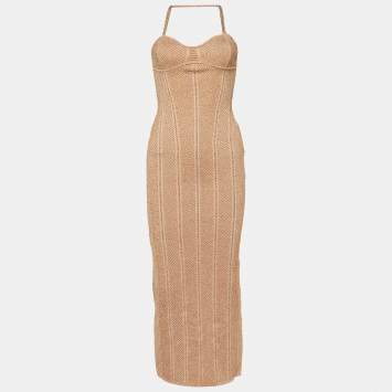 Pre Owned Herve Leger Metallic Rose Gold Knit Midi Dress XS