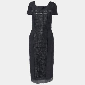 Pre Owned Herve Leger Black Studded Stretch Knit Bandage Dress M