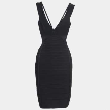 Pre Owned Herve Leger Black Knit V-Neck Bandage Dress S